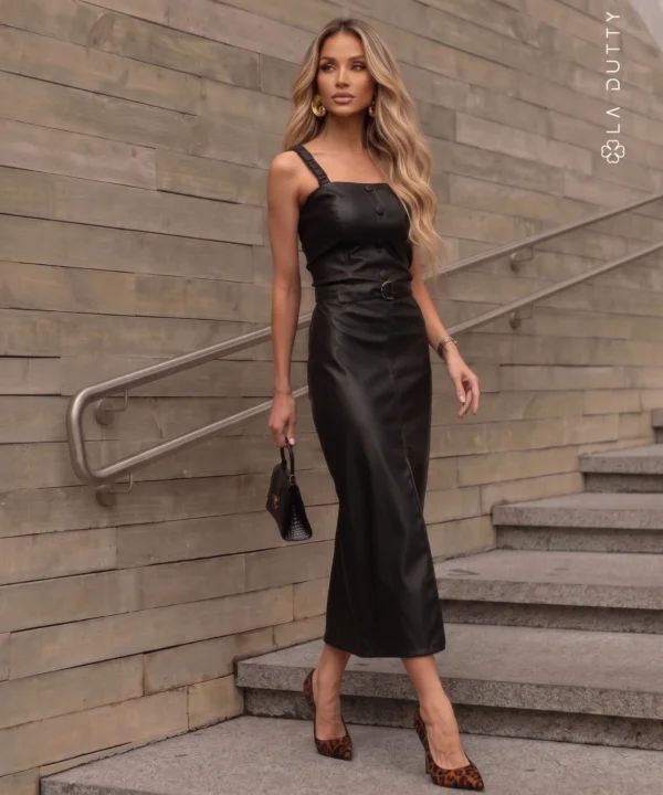 VESTIDO MIDI ALÇA EM COURO P.U
